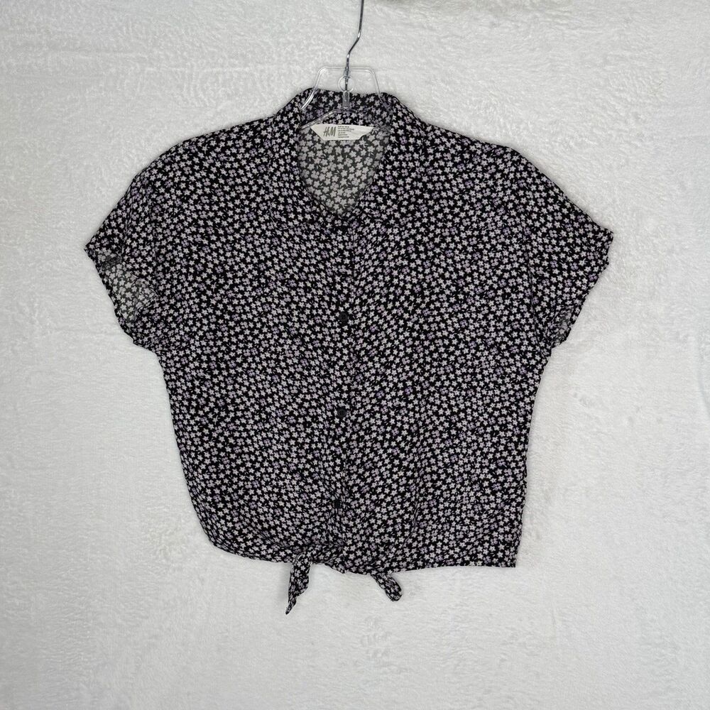 H&M Black Button-Front Top with Small Purple Floral Print Tie Front Size 18 Girl